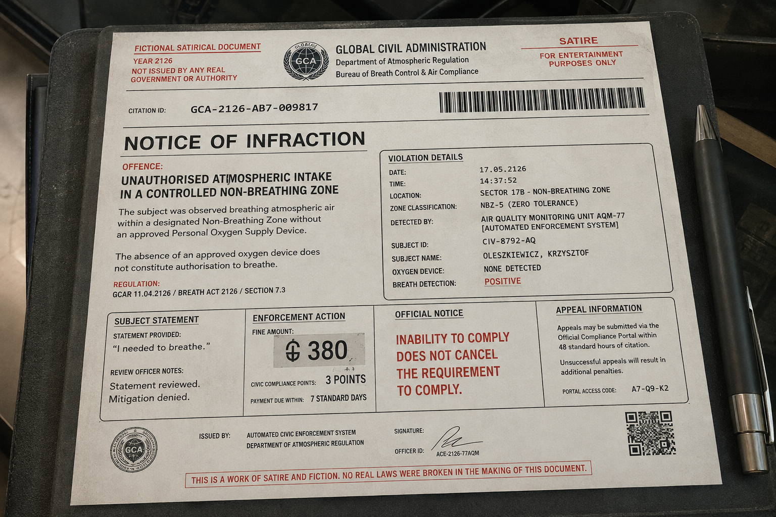 Restricted Atmosphere Breathing Penalty Notice